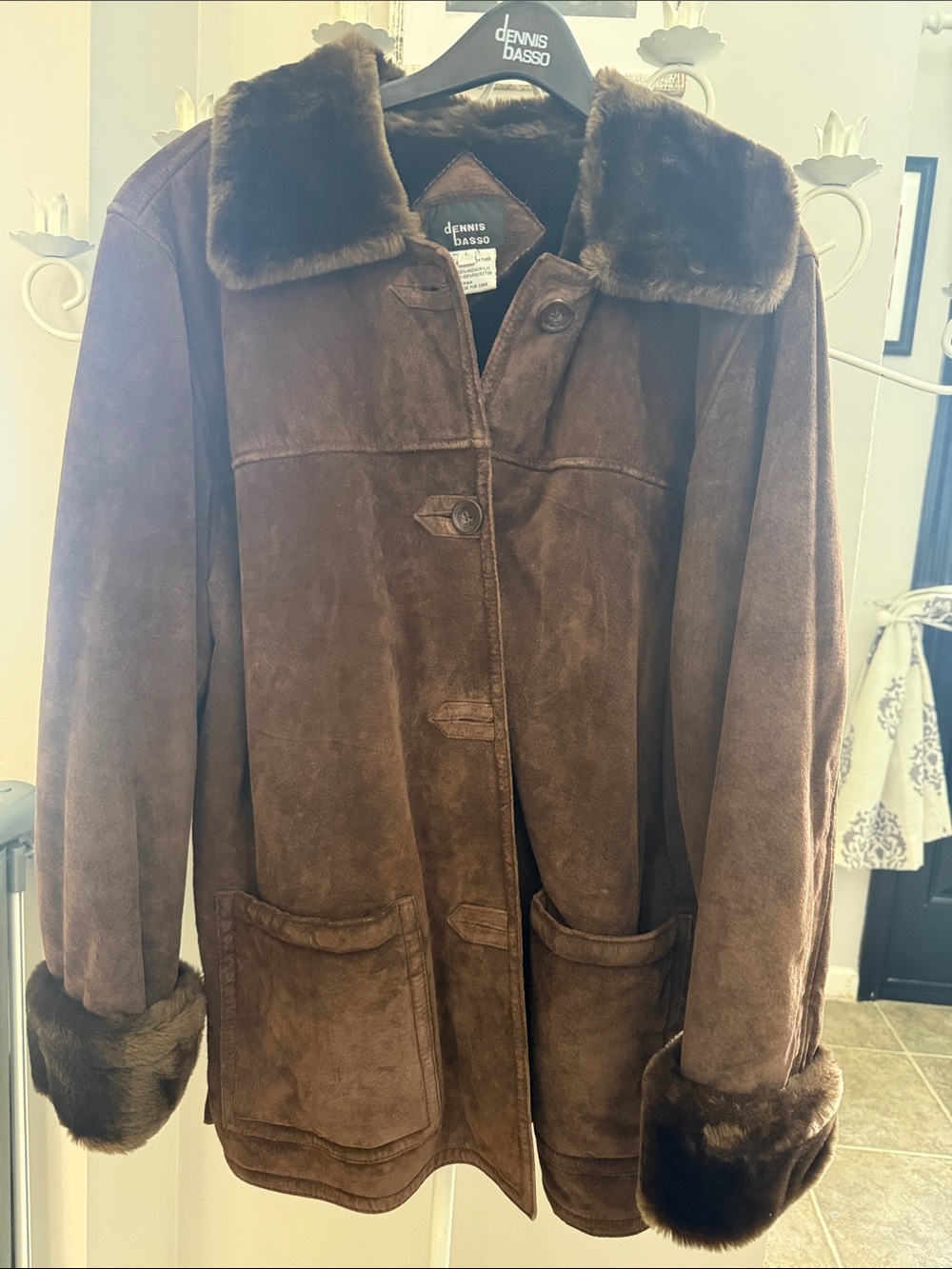dennis basso Brown Suede Shearling-Trim Jacket
